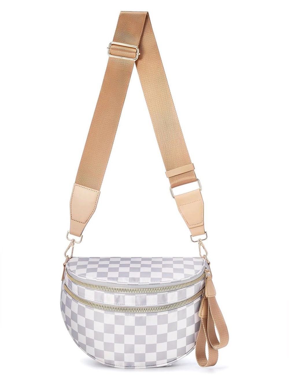 Beige Gray Checkered Crescent Crossbody Belt Bag Large Spacious Purse Mom Bag